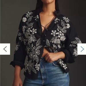 Pilcro Anthropologie Tavi Floral Embroidered Linen Buttondown  3X Plus Boho